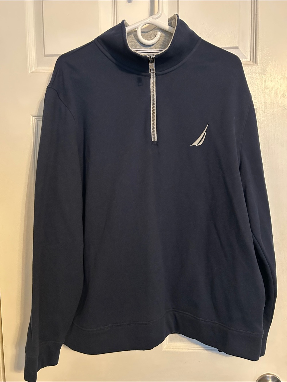 Nautica Men's Navy/Grey Contrast Half-Zip Mock Neck Sweater with White Logo